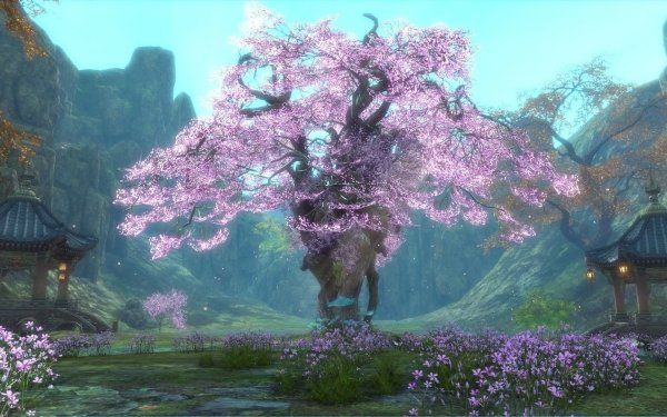 Fantasía Paisaje Árbol Rosa Montaña Pagoda Fondo de pantalla HD | Fondo de Escritorio