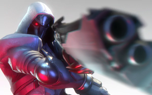 4K Ultra HD PC desktop wallpaper featuring Reaper from the video game Overwatch, showcasing his signature dark hood and glowing red eyes with a blurred shotgun foreground.