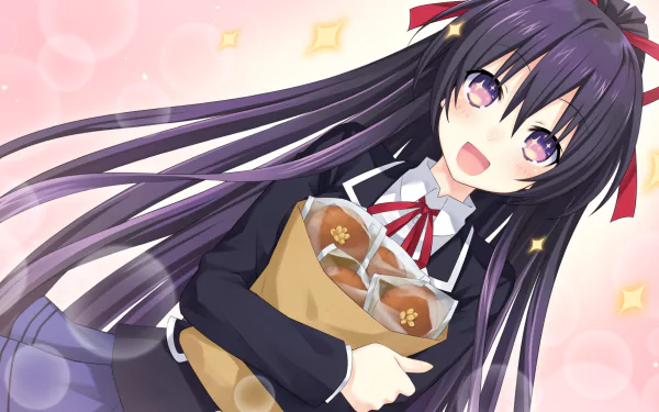HD desktop wallpaper featuring Tohka Yatogami from the anime Date A Live holding a bag of bread, with vibrant colors and a cheerful expression.