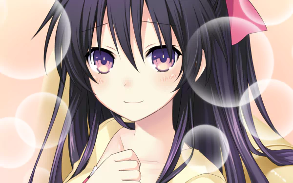 HD anime desktop wallpaper featuring Tohka Yatogami from Date A Live with purple eyes and long dark hair, set against a soft pink and peach background with light bubbles.