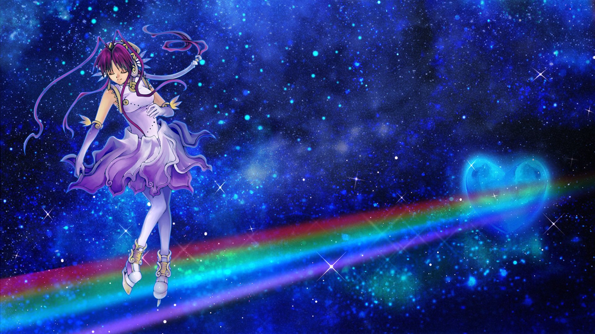HD PC desktop wallpaper: Chena (Other Age: Second Encounter) from the video game Other Age: Second Encounter — purple-dressed girl floats in starry space, trailing a rainbow beam forming a heart.