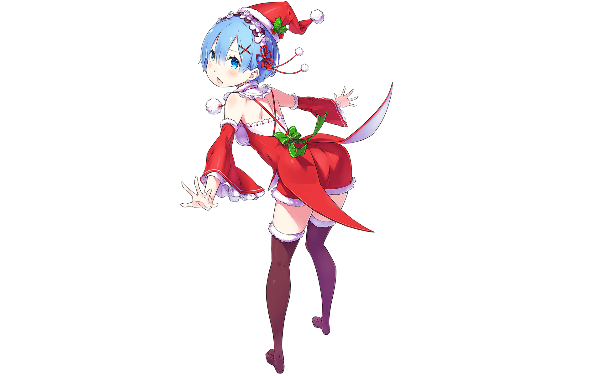 HD desktop wallpaper featuring Rem from Re:ZERO, dressed in a festive red and white holiday outfit with a green ribbon. This anime character is from Re:Zero - Starting Life in Another World.