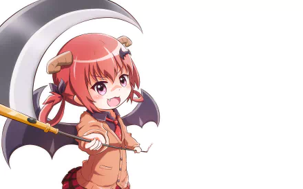 HD wallpaper featuring Satanichia Kurumizawa McDowell from the anime Gabriel DropOut, holding a large scythe with a playful expression. The background is white, emphasizing the vibrant character.
