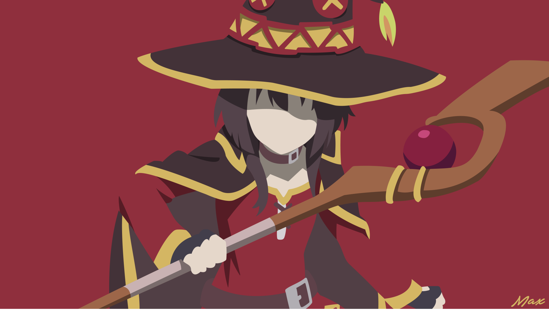 4K Ultra HD anime wallpaper of Megumin from KonoSuba - God’s blessing on this wonderful world!! featuring her iconic wizard hat and staff against a deep red background.
