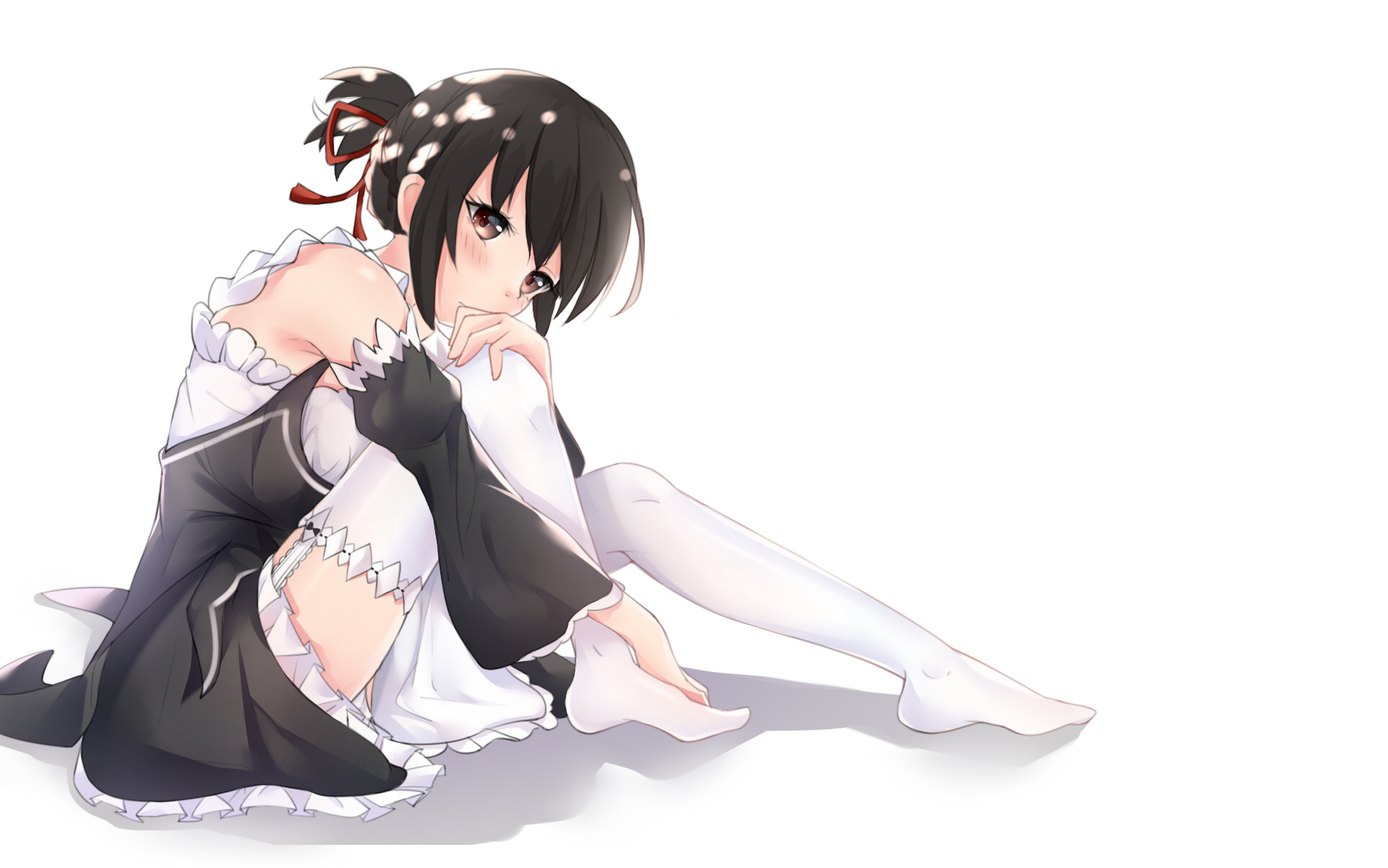 HD PC desktop wallpaper featuring Mitsuha Miyamizu from the anime Your Name, depicted sitting thoughtfully in a black and white outfit with a minimalistic white background.