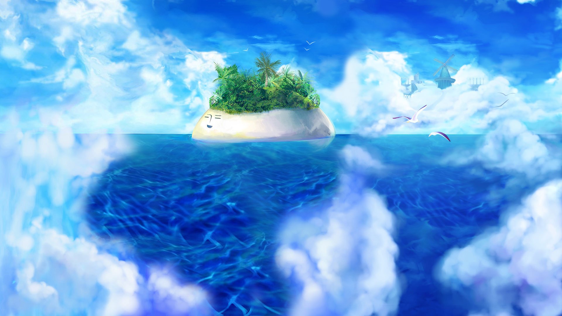 HD desktop wallpaper from the video game Other Age: Second Encounter, featuring a small lush island surrounded by vibrant blue ocean and a bright sky with scattered clouds.