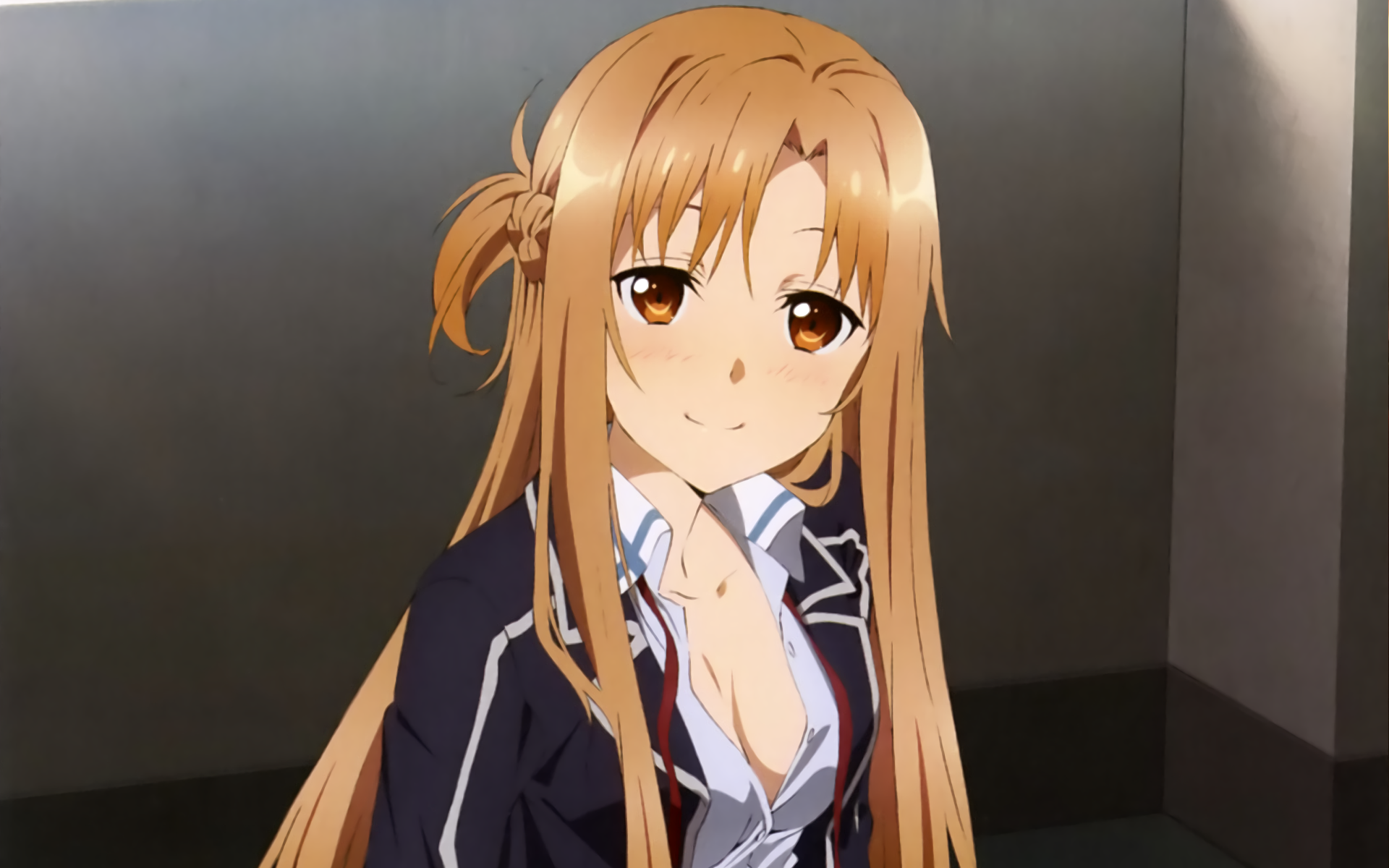 HD PC desktop wallpaper featuring Asuna from the anime Sword Art Online, showcasing her in a detailed, expressive pose with a dark, minimalist background.