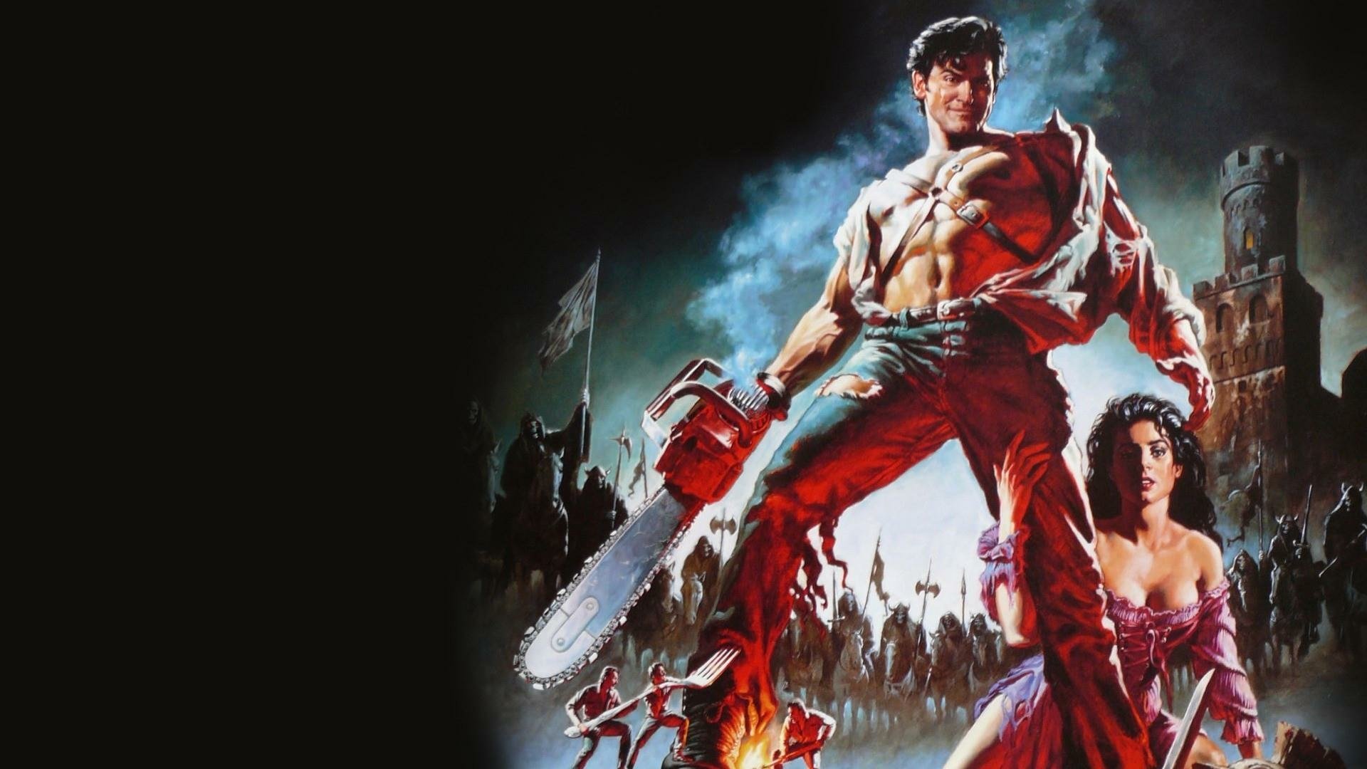 HD PC desktop wallpaper from the movie Army of Darkness: hero with a chainsaw and a woman stand against a fiery battlefield of skeletal soldiers.