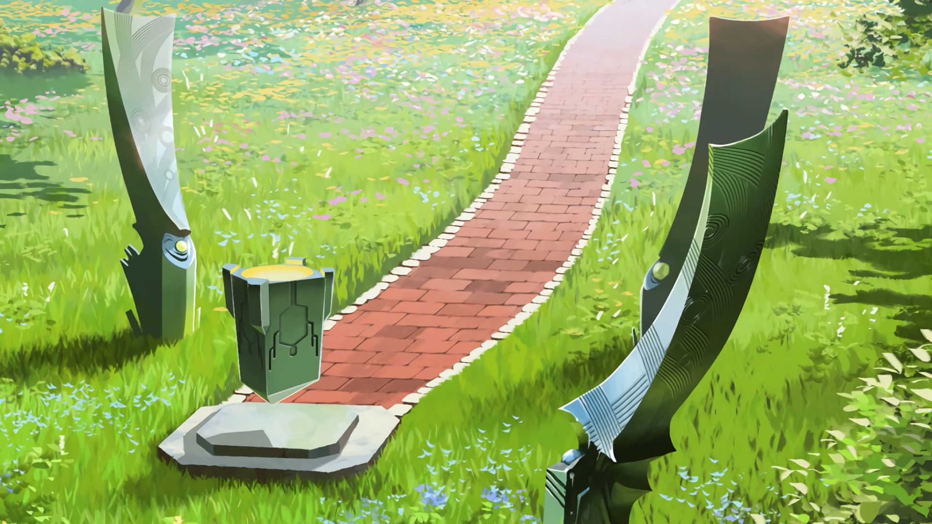 HD PC desktop wallpaper featuring a serene, grassy landscape from the anime Sword Art Online, showcasing a winding brick path flanked by futuristic sword-like structures.