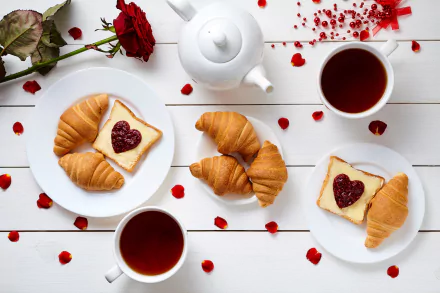 Romantic croissant cup tea still life food breakfast HD Desktop Wallpaper | Background Image