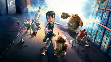 HD desktop wallpaper featuring characters from the movie Astro Boy in an action-packed scene, showcasing vibrant, dynamic artwork.