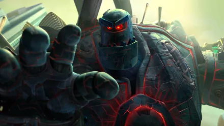 HD wallpaper of a menacing robot with red glowing eyes from the movie Astro Boy, extending its hand forward with a futuristic background.