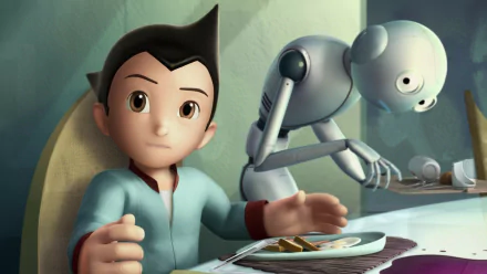 HD wallpaper of Astro Boy from the movie Project Atom, featuring Astro Boy at a dining table with a robot in the background.