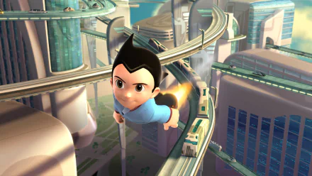 HD desktop wallpaper featuring Astro Boy from the movie Project Atom, showing the character flying through a futuristic city with elevated highways and modern buildings in the background.