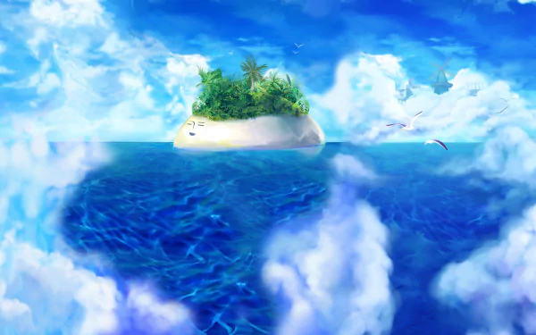 HD desktop wallpaper from the video game Other Age: Second Encounter, featuring a small lush island surrounded by vibrant blue ocean and a bright sky with scattered clouds.