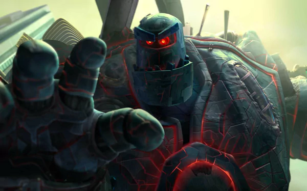 HD wallpaper of a menacing robot with red glowing eyes from the movie Astro Boy, extending its hand forward with a futuristic background.