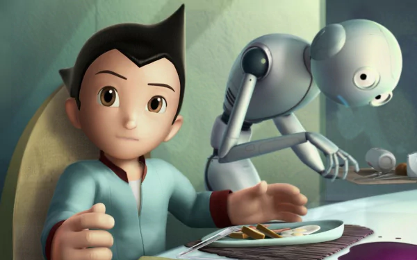 HD wallpaper of Astro Boy from the movie Project Atom, featuring Astro Boy at a dining table with a robot in the background.