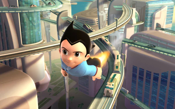 HD desktop wallpaper featuring Astro Boy from the movie Project Atom, showing the character flying through a futuristic city with elevated highways and modern buildings in the background.