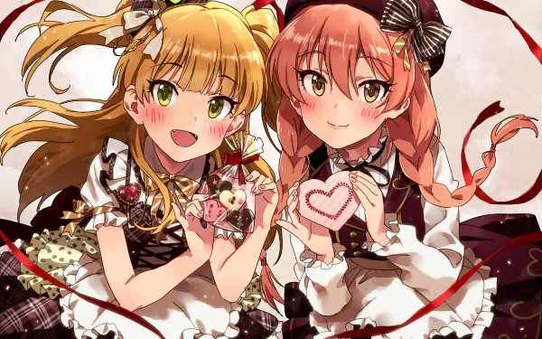 HD PC desktop wallpaper of anime idols Rika Jougasaki and Mika Jougasaki from The iDOLM@STER Cinderella Girls, smiling in matching frilly outfits while holding heart-shaped sweets.
