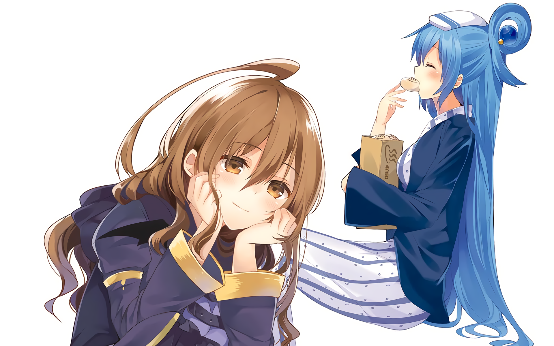 HD wallpaper featuring Wiz and Aqua from the anime KonoSuba, with Wiz looking contemplative and Aqua enjoying a snack in the background.