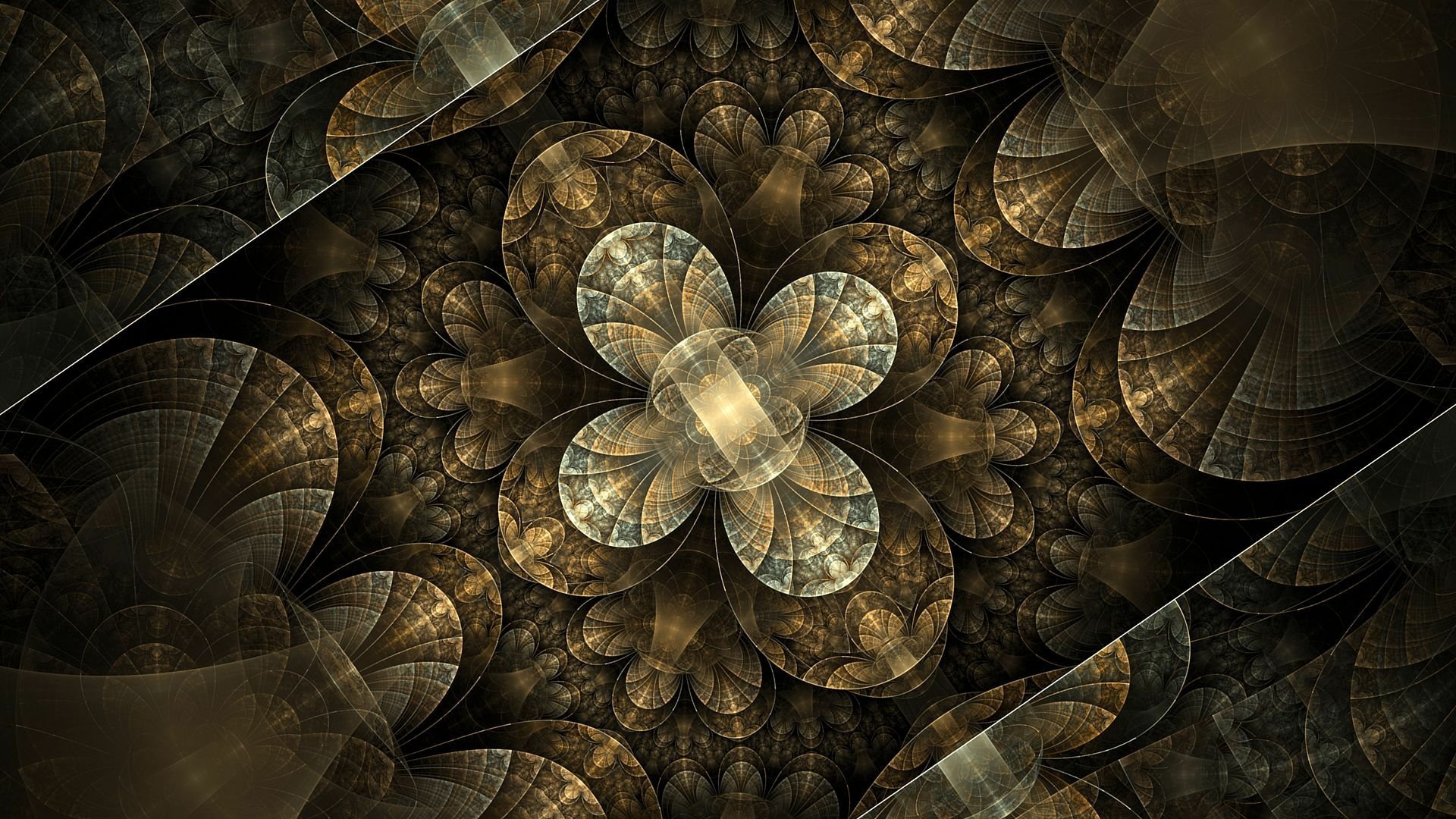 Silver and gold abstract fractal of ornate overlapping petals and metallic spirals, intricate textures in an HD PC desktop wallpaper background.