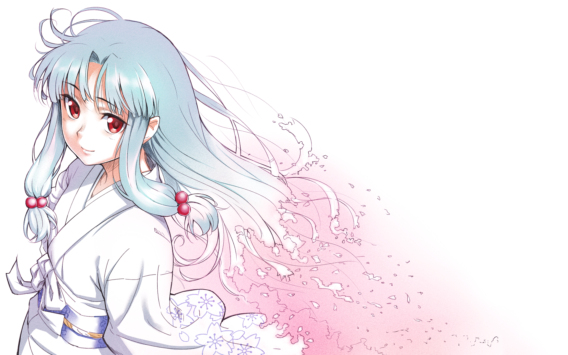 Anime-style HD PC desktop wallpaper of a Tsugumomo character with flowing white hair and red eyes, dressed in traditional attire with pink petal-like effects trailing behind.