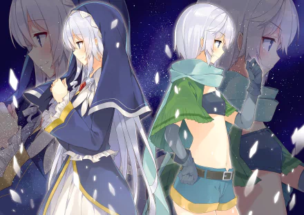HD desktop wallpaper featuring Eris from the anime KonoSuba - God's Blessing on This Wonderful World!! Eris is depicted in two distinct outfits against a starry, sparkling background.
