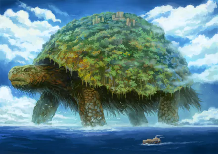 An HD anime wallpaper featuring a colossal, forest-covered turtle walking through the ocean, with a small boat in the foreground.
