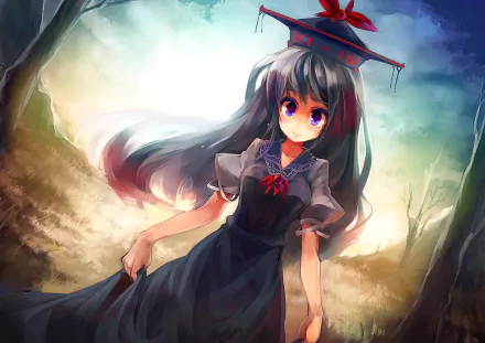HD PC desktop wallpaper of Keine Kamishirasawa from Touhou: anime girl with long dark hair and purple eyes, in a dark dress and small hat, standing in a sunlit forest clearing.