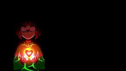 HD desktop wallpaper featuring Chara from the video game Undertale, holding a glowing heart with a dark background.