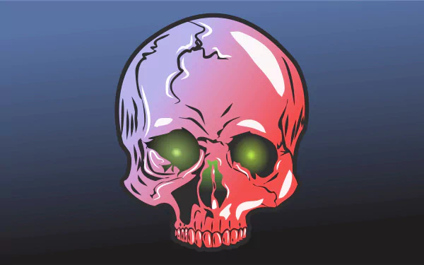 HD PC desktop wallpaper featuring a simple, dark-themed skull with glowing green eyes against a gradient blue background.