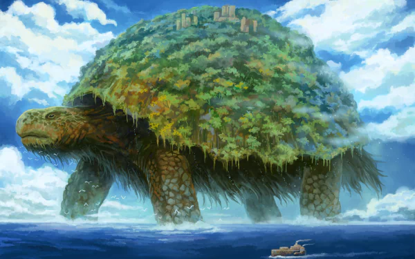An HD anime wallpaper featuring a colossal, forest-covered turtle walking through the ocean, with a small boat in the foreground.