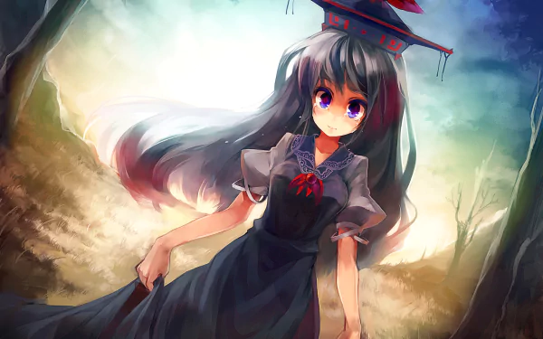 HD PC desktop wallpaper of Keine Kamishirasawa from Touhou: anime girl with long dark hair and purple eyes, in a dark dress and small hat, standing in a sunlit forest clearing.