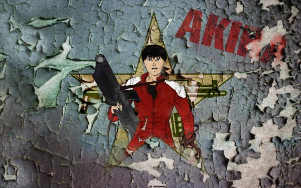 Shotaro Kaneda from Akira in a red jacket holding a gun against a cracked concrete star backdrop — Anime 2K Quad HD PC desktop wallpaper