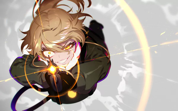 HD desktop wallpaper featuring Tanya Degurechaff from the anime Youjo Senki, depicted from a dynamic low-angle perspective with intense, action-filled expression.