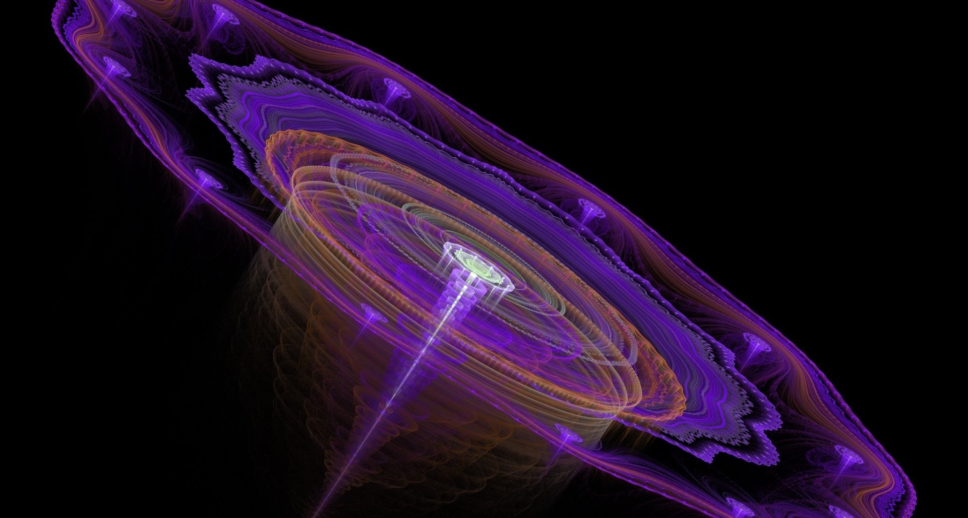 Abstract purple fractal spiral with glowing concentric rings, rendered in high definition as a dynamic PC desktop wallpaper and background.