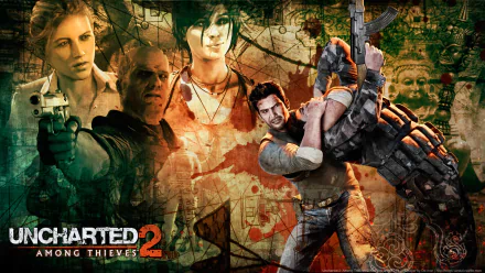 HD PC desktop wallpaper featuring characters and action scenes from the video game Uncharted 2: Among Thieves, showcasing its adventurous and intense atmosphere.