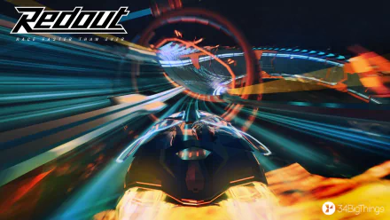 HD wallpaper from Redout: Enhanced Edition featuring high-speed futuristic racing with motion blur and vibrant neon colors.