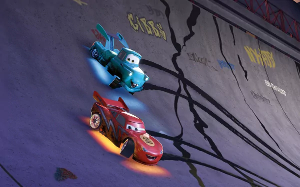 HD PC desktop wallpaper from Cars Toons: Mater's Tall Tales showing Lightning McQueen and Mater racing along a cracked concrete wall, leaving streaks of tire marks and motion blur.