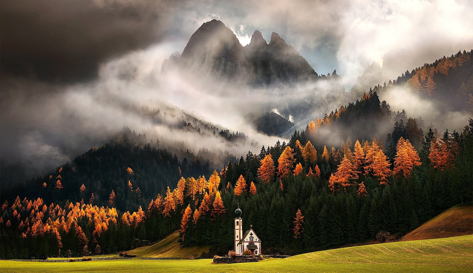 Download Fog Forest Fall Peak Mountain Nature Building Religious Church ...