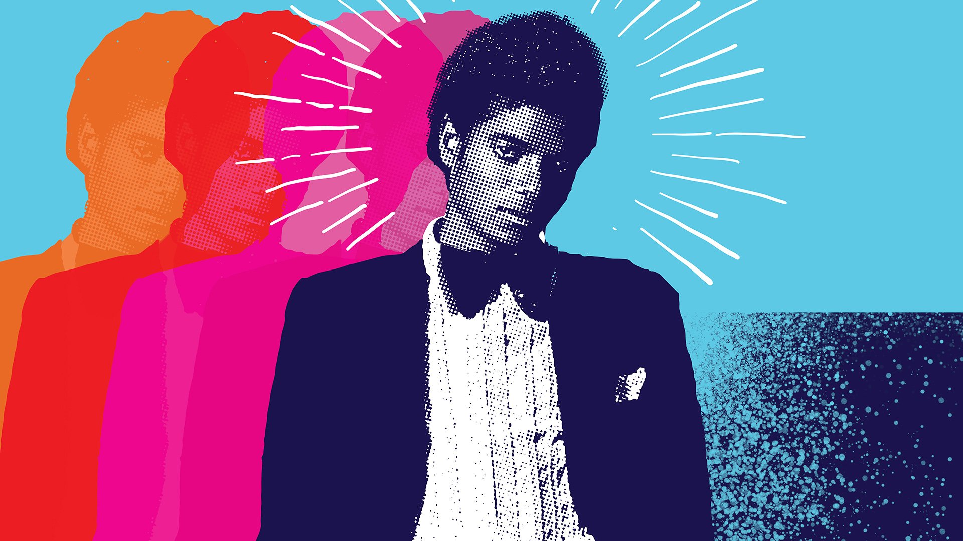 HD desktop wallpaper featuring a colorful, artistic portrayal of Michael Jackson with multiple overlapping silhouettes and vibrant background colors.