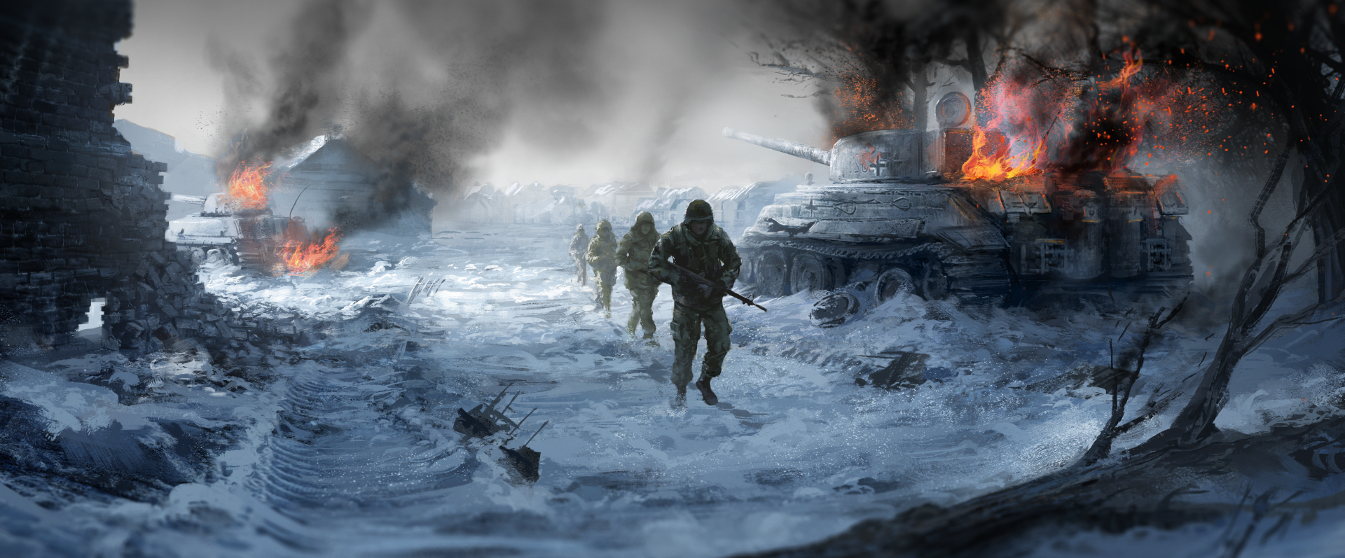 2K Quad HD PC desktop wallpaper and background: artistic winter military scene — soldiers advance across snow past burning tanks, smoke and fire under a gray sky.
