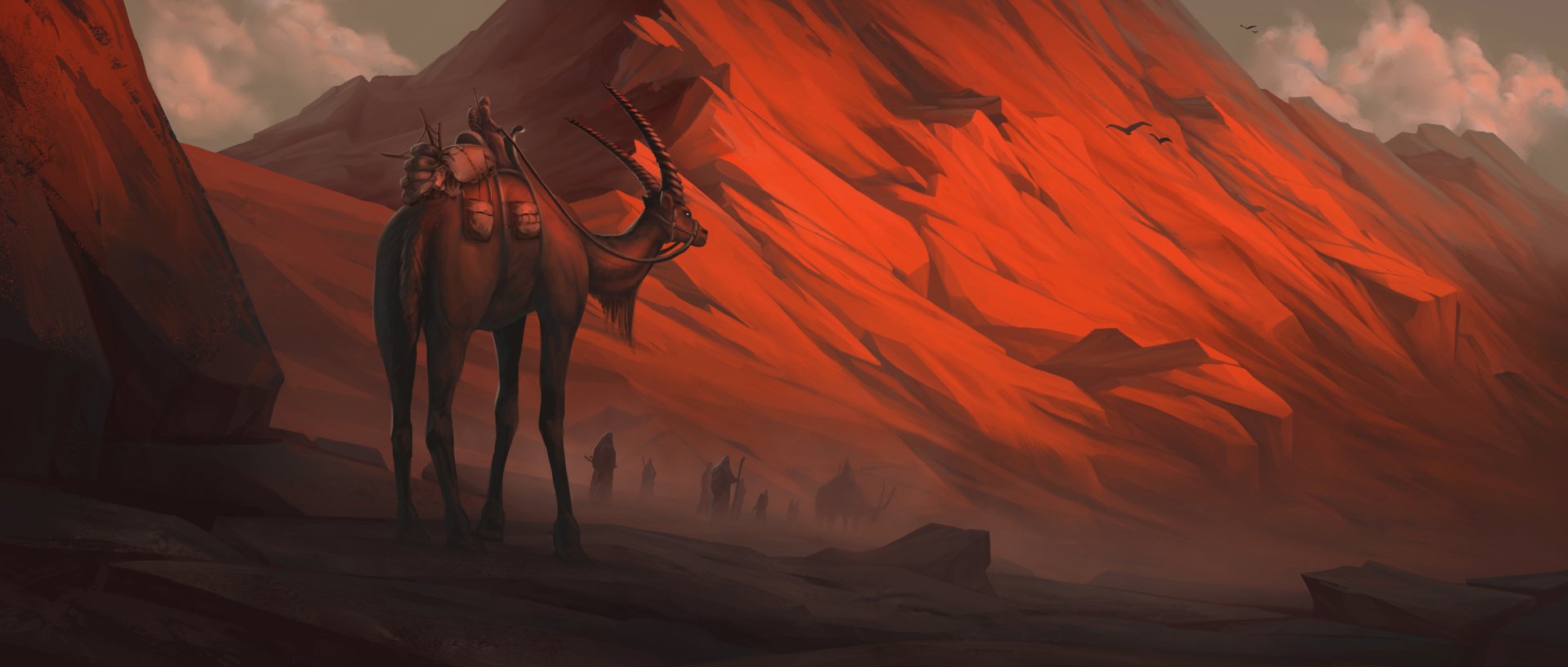 A fantasy landscape featuring people and a reindeer against a dramatic red mountain backdrop, designed as an HD PC desktop wallpaper.