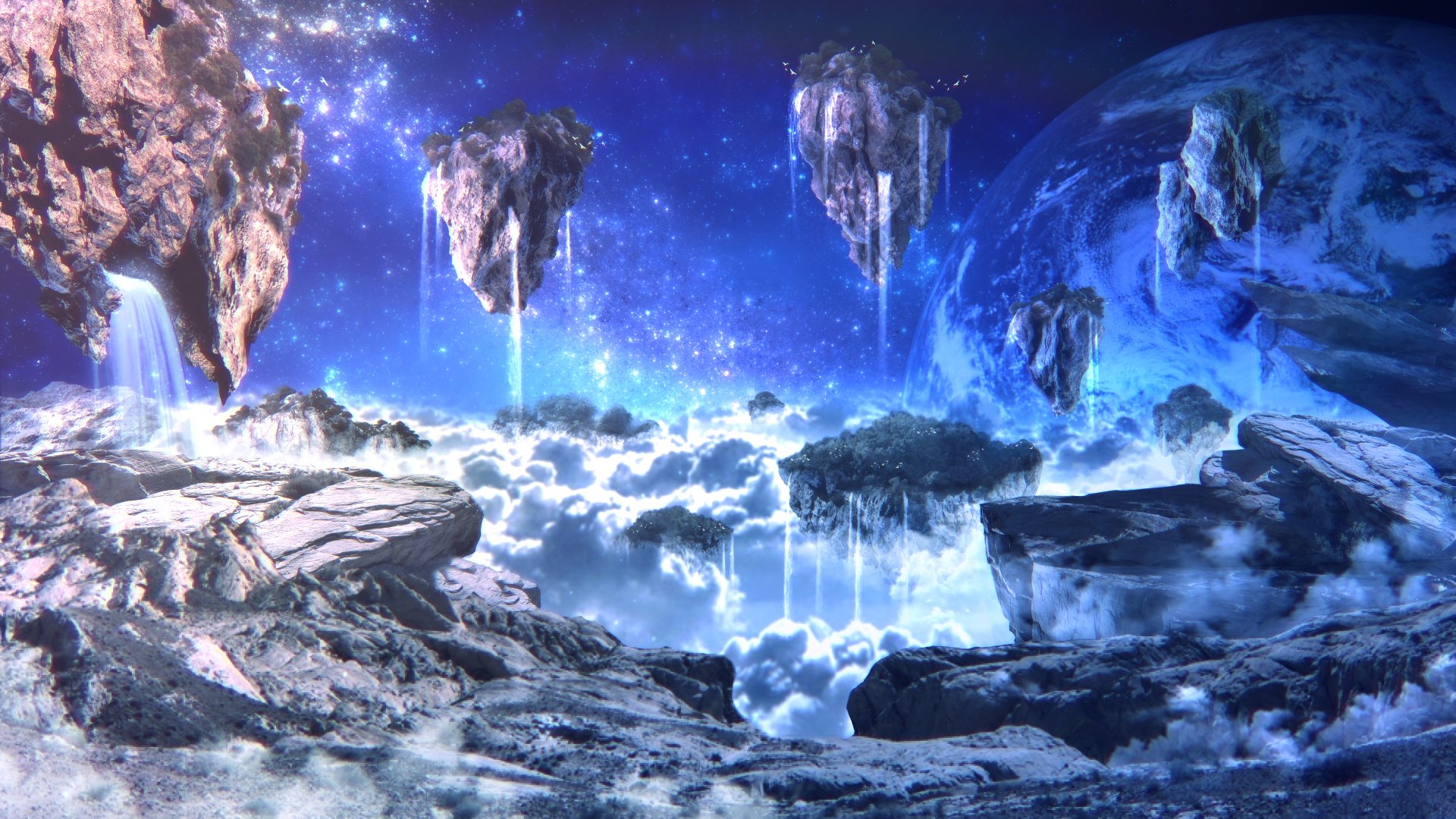 A stunning HD anime-inspired landscape featuring floating islands, clouds, and a vibrant cosmic backdrop, designed as a captivating PC desktop wallpaper and background.