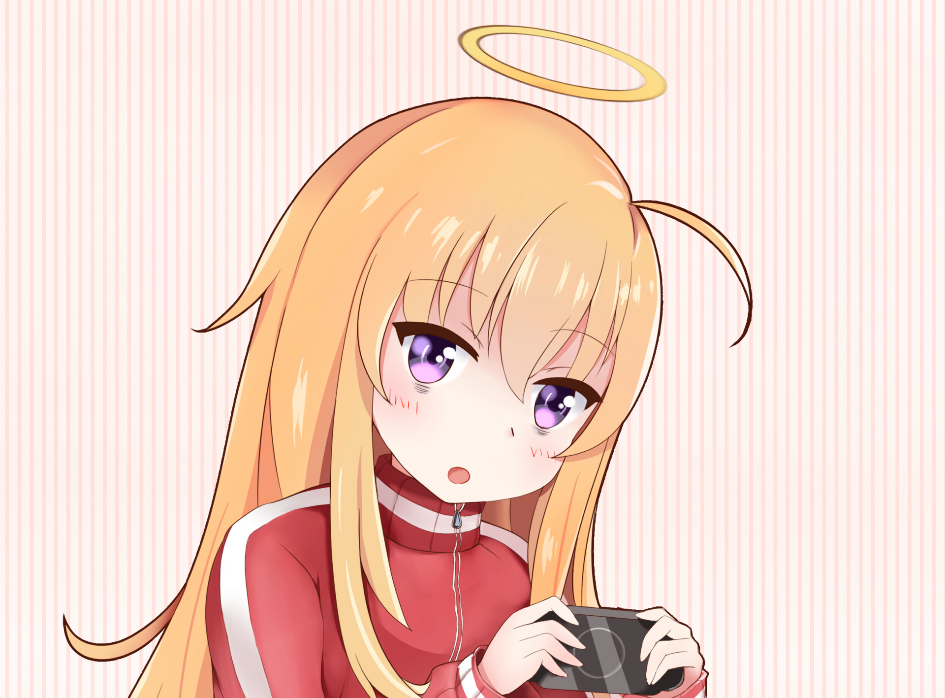 HD PC desktop wallpaper featuring Gabriel Tenma White from the anime Gabriel DropOut, showcasing her with blonde hair, purple eyes, and a red jacket against a striped background.