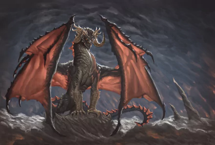 A high-definition fantasy wallpaper featuring a majestic dragon with outspread, fiery wings standing on a rocky terrain against a stormy sky backdrop.