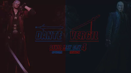HD desktop wallpaper featuring Dante and Vergil from the video game Devil May Cry 4. Text in the center reads Dante Vergil Devil May Cry 4 Special Edition, with their respective images on either side.