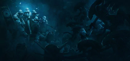 HD PC desktop wallpaper featuring a dramatic crossover battle between xenomorph aliens and stormtroopers in a dark, cinematic movie-style scene.
