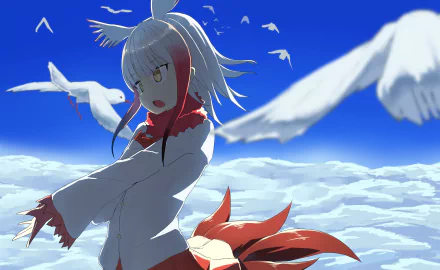 Anime-style Crested Ibis character from Kemono Friends soars with white birds against a bright blue sky in this 4K Ultra HD PC desktop wallpaper and background.