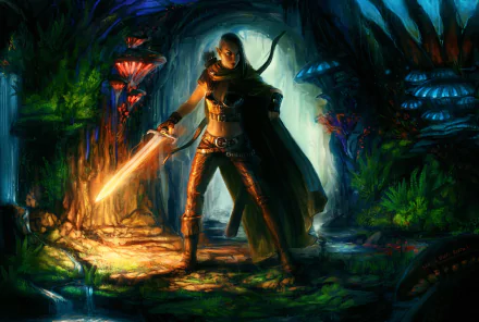 HD fantasy desktop wallpaper depicting a female elf warrior wielding a glowing magical sword in a mystical, vibrant forest setting.